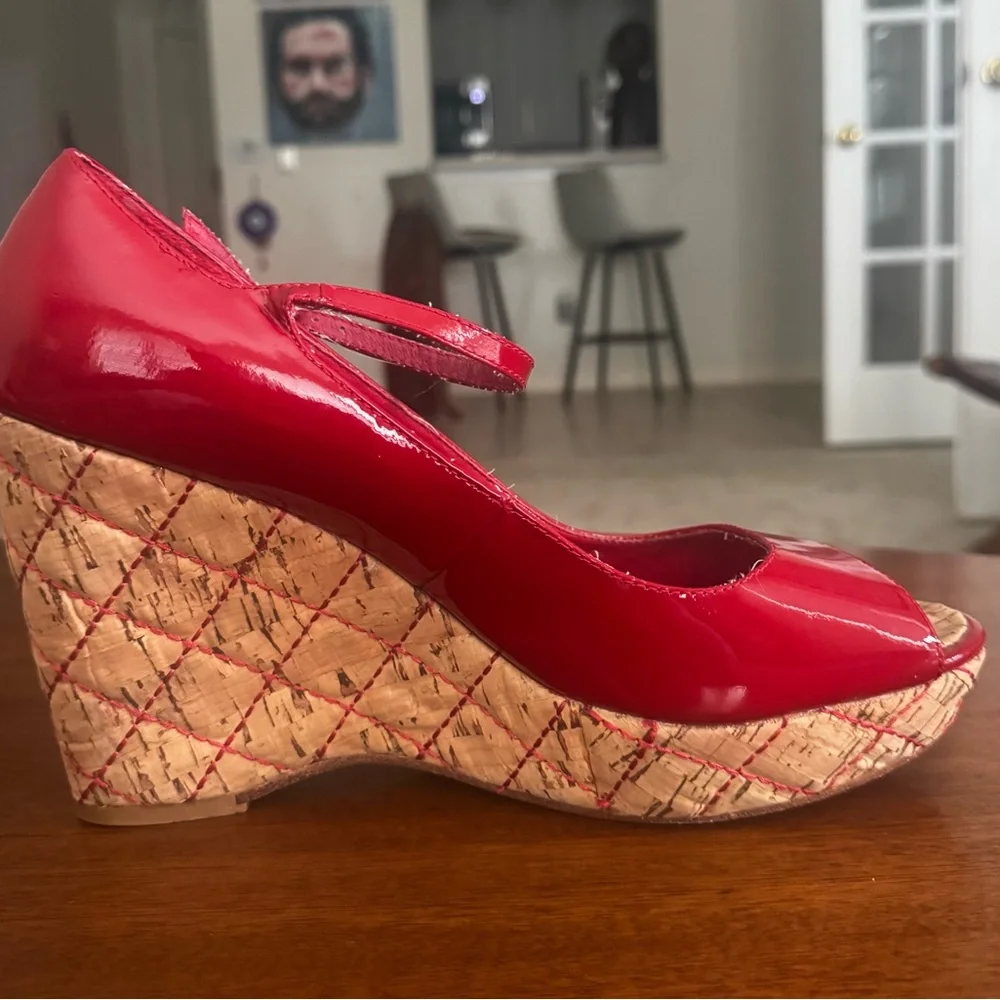 Ziginy Camille II Red Patent Leather Cork Wedge Mary Jane Peep Toe Sandals 9